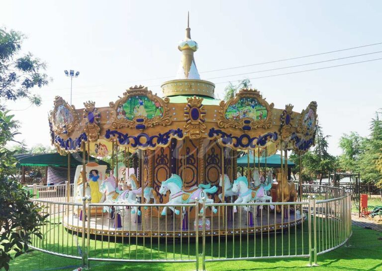 Luxury 24 seat carousel with golden palace design, installed in outdoor amusement park