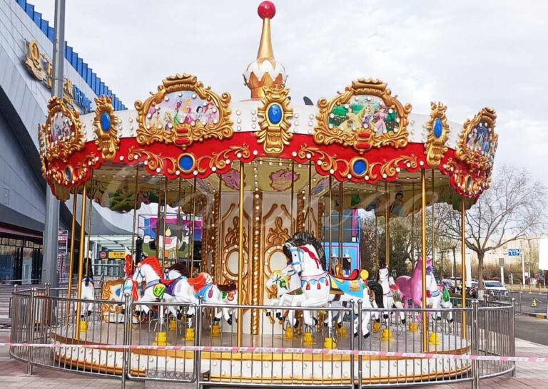 Medium-sized 24 seat carousel amusement ride installed in a shopping plaza