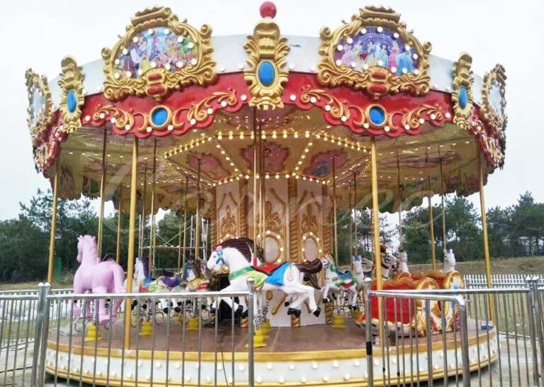 Classic 24 seat carousel ride with red and gold decoration, ideal for parks and events