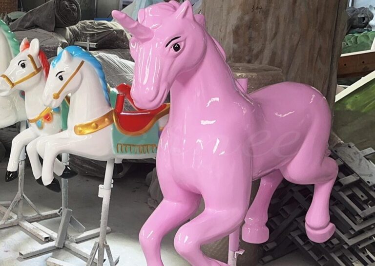 Close-up of Fiberglass Carousel Horses Including a Pink Unicorn for 36-Seat Merry-Go-Round Ride