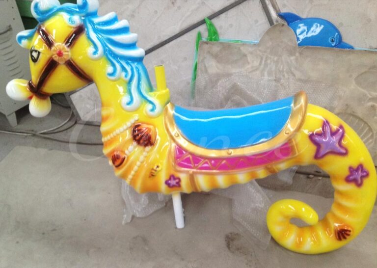 Yellow seahorse carousel seat made of high-strength fiberglass, designed for children’s safety and fun.