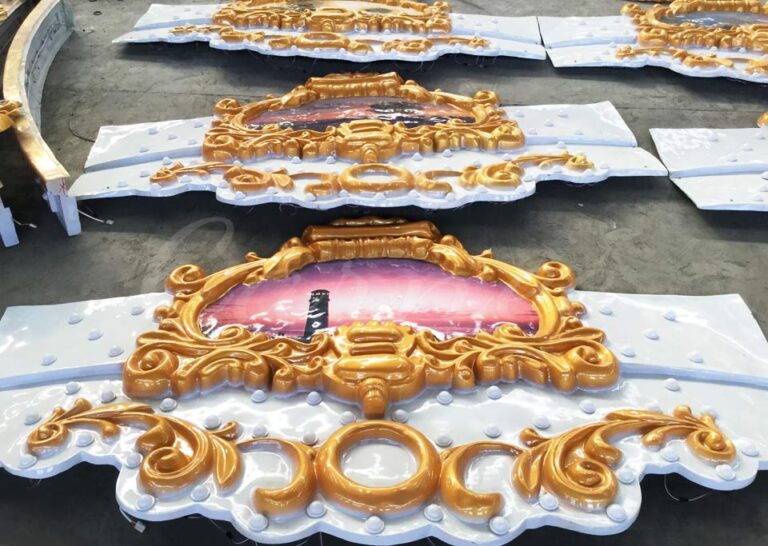 Golden-framed upper canopy decorative panels for 16-seat carousel ride – luxury design for classic merry-go-round