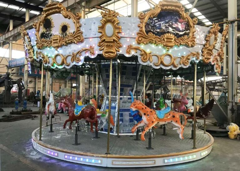 Full view of 16 seats classic carousel ride with LED lights – customized merry-go-round for sale from China factory