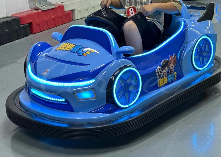 Blue battery-operated bumper car with illuminated wheels and sporty design.