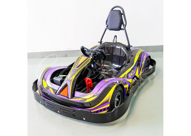 Front view of the Anmi Kids Go-Kart in purple and yellow, offering an exciting racing experience for kids