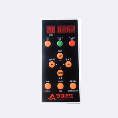 An image of the remote control for the Anmi Kids Go-Kart, used for controlling settings such as time, game modes, and kart operations