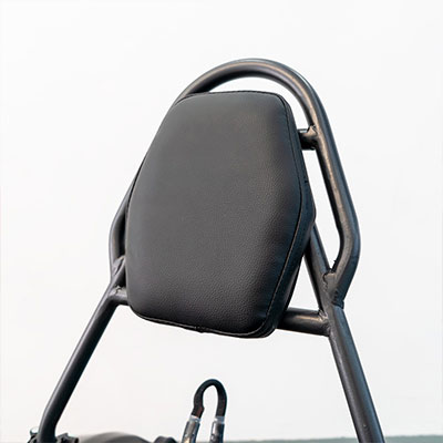 Close-up of the Anmi Kids Go-Kart's black leather seat headrest, designed for comfort and safety for young drivers
