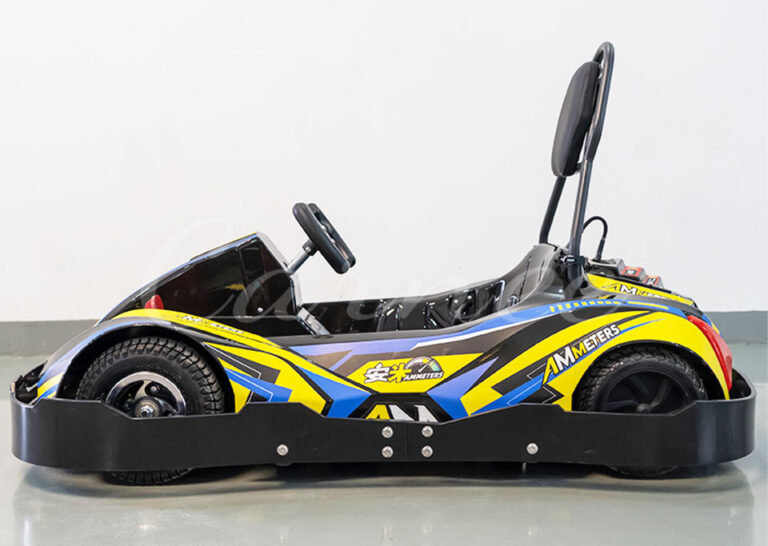 Side view of the Anmi Kids Go-Kart in blue and yellow, designed for children aged 3-6 with enhanced safety features