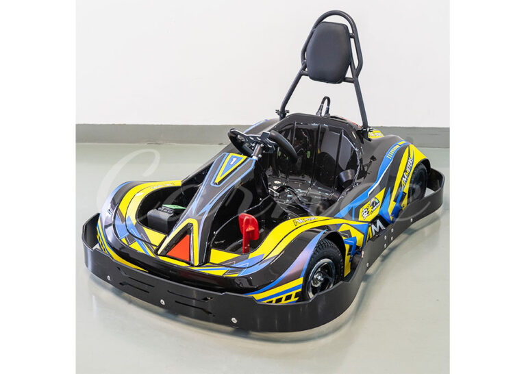 Side view of the Anmi Kids Go-Kart in purple and yellow, perfect for young racers with its vibrant design