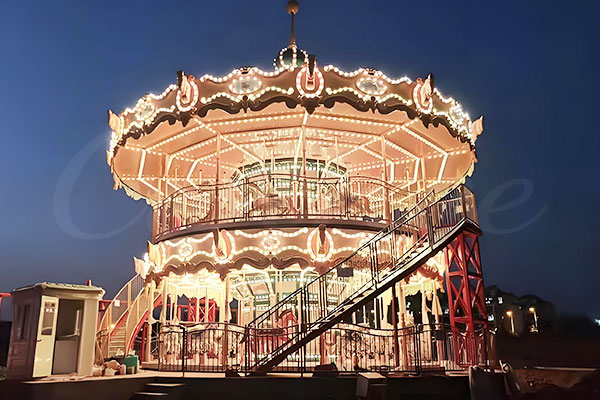 Classic Double-Decker Carousel Ride at Night