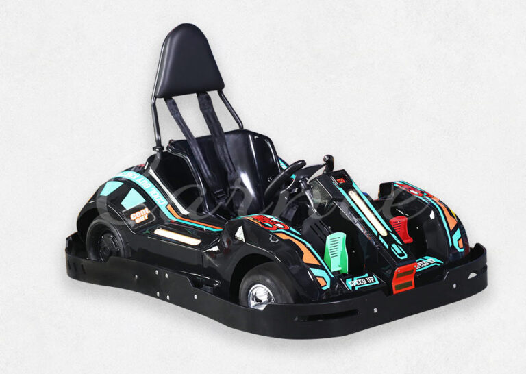 Cool Guy 3rd Gen Kids Go-Kart with aerodynamic black design, comfortable seat and remote control features for children under 1.4 meters.