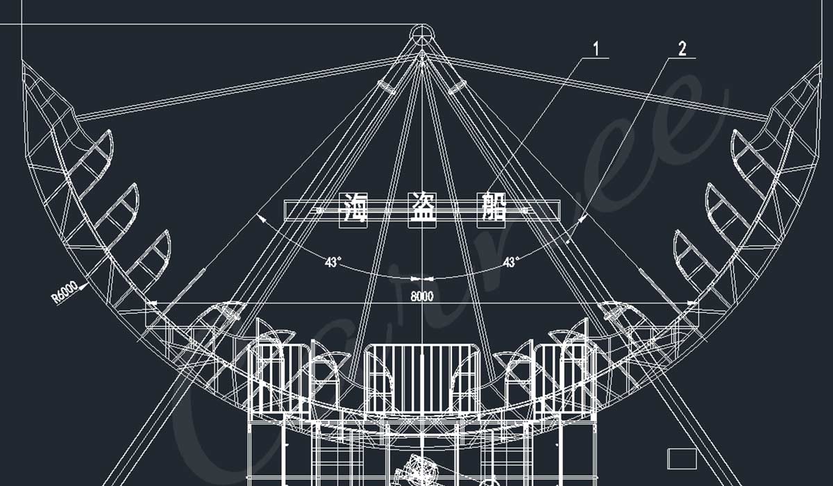Technical blueprints for a pirate ship ride, illustrating the structural design and swinging motion with detailed angles