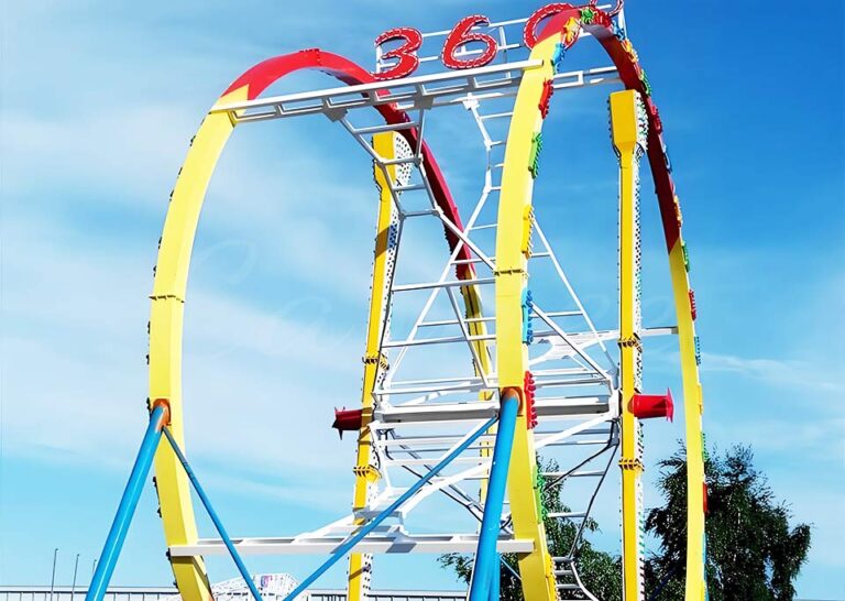 Classic 360-degree Ferris Ring Ride with yellow and red support frame under bright sky