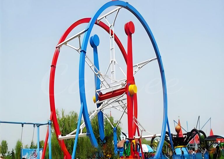 Dual-loop Ferris Ring Ride with red and blue structure, creating a striking contrast under clear skies