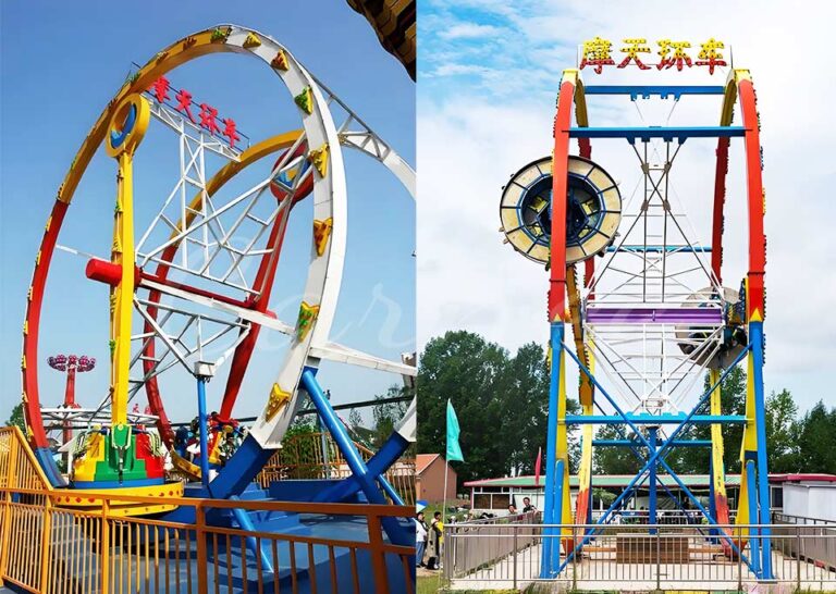 Ferris Ring Ride double ring installation at a Chinese amusement park, vibrant and eye-catching