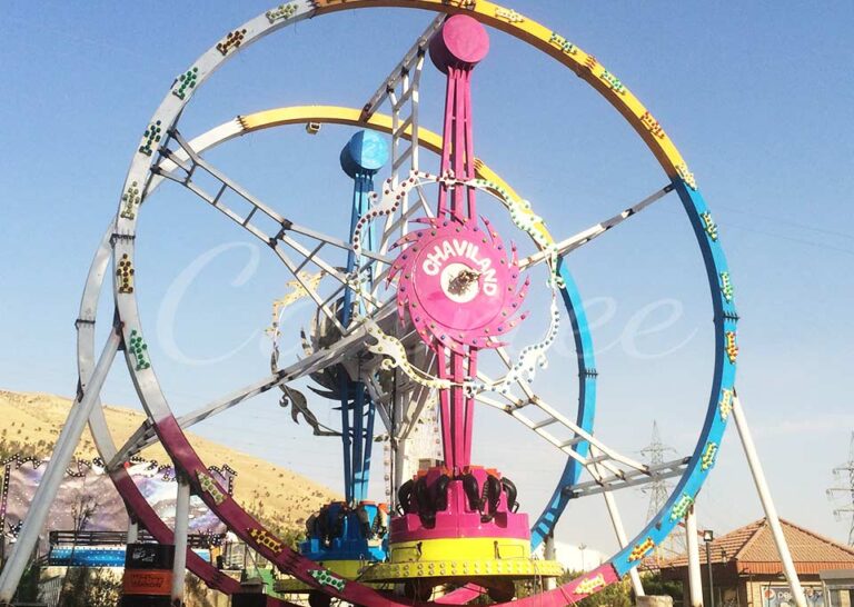 Fully installed Ferris Ring Car Ride in an amusement park, showcasing dual ring structure and vibrant design