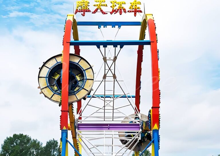 Side view of Ferris Ring Ride with upright circular rings and passenger cabins in motion