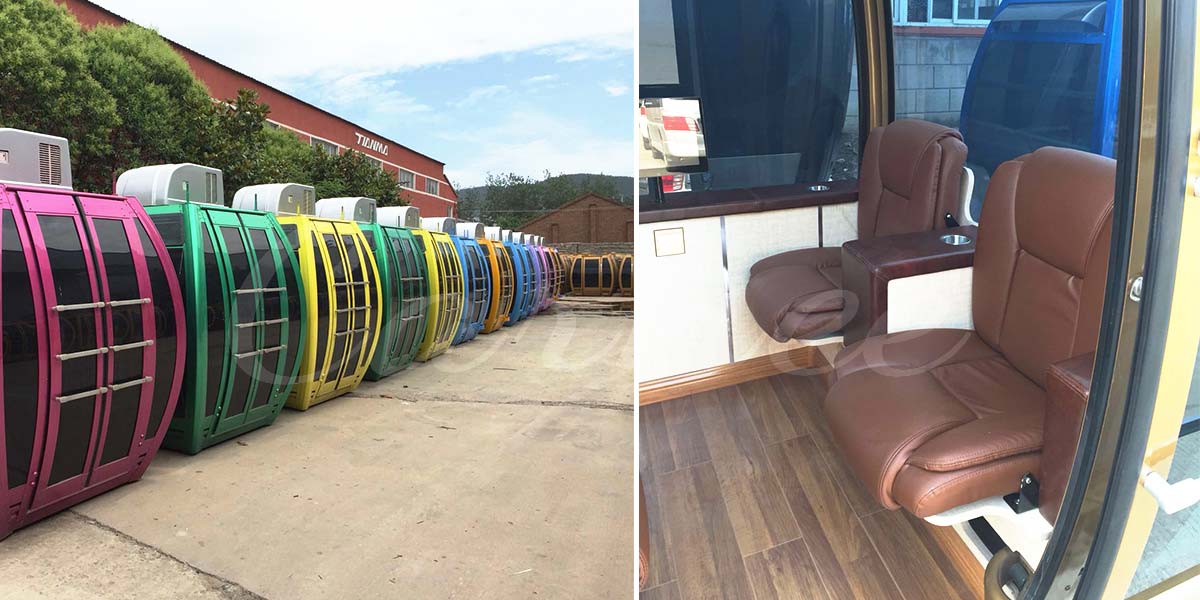 A row of colorful Ferris wheel gondolas in various colors, ready for installation.