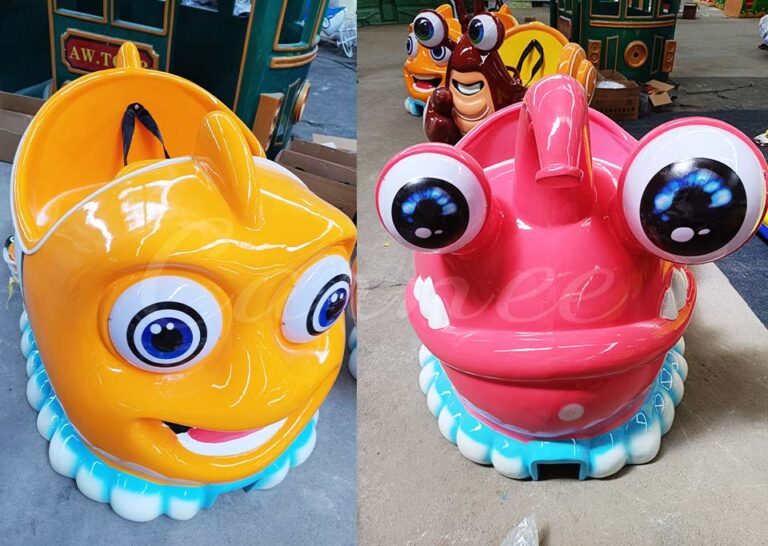 Cartoon fish-shaped roller coaster cabin designed for kids amusement rides and fun parks