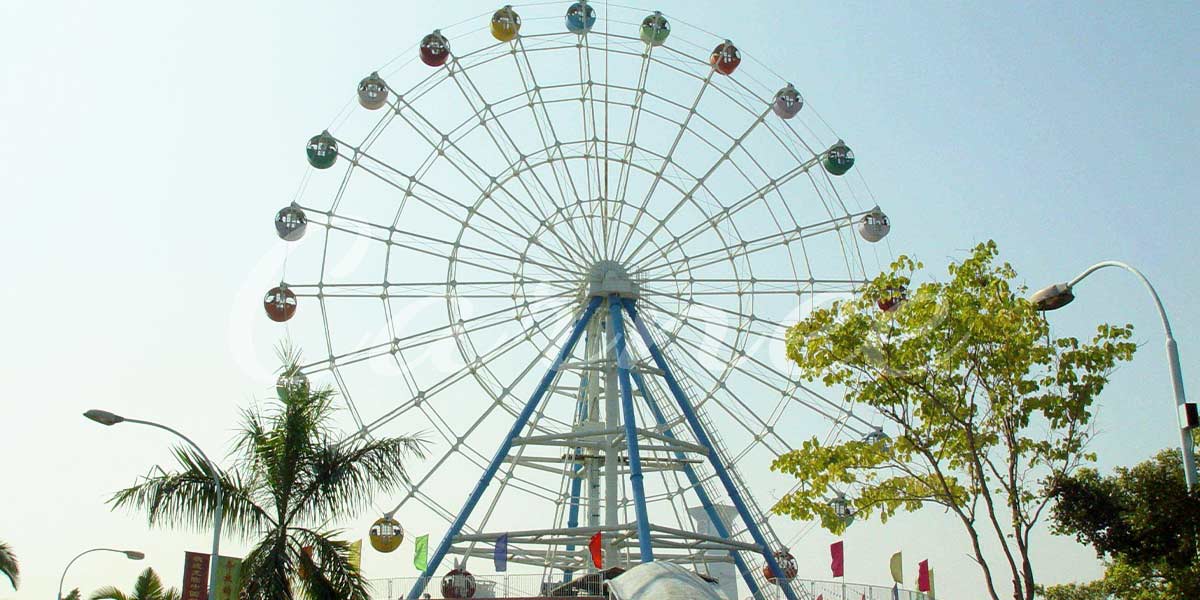 A fully assembled Ferris wheel standing tall, ready to offer a thrilling ride experience.