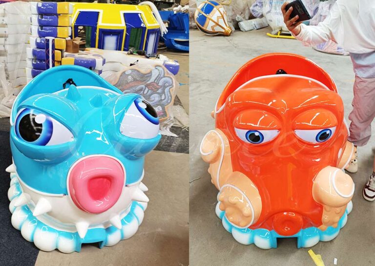 Colorful pufferfish and octopus roller coaster animal cabins for kids, designed by Carnee Rides