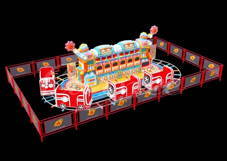 3D render of the Urban Firefighting Heroes Track Train Ride with an illuminated layout and design.
