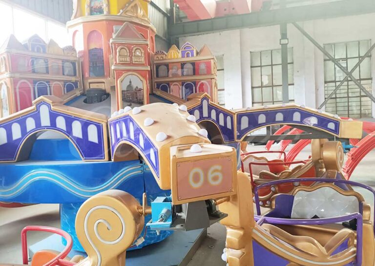 Theme park Venetian boat ride featuring charming boat design and colorful illumination, suitable for kids and adults alike