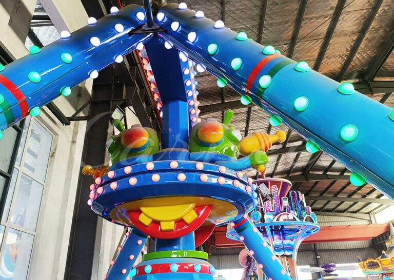 LED lights on UFO Orbit Mini Pendulum Ride, showcasing vibrant colors and cartoon alien characters, ideal for small thrill rides in theme parks