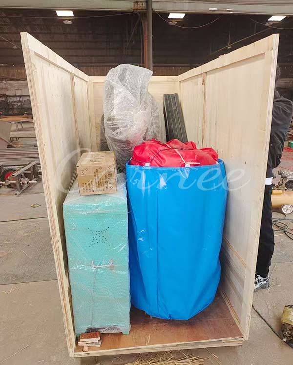 Complete mechanical bull set, including inflatable air mat and accessories, neatly packed in an export-grade wooden crate.