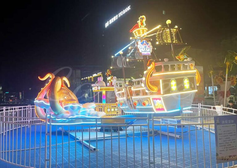 Professional installation of outdoor octopus pirate ship amusement equipment at commercial venues.