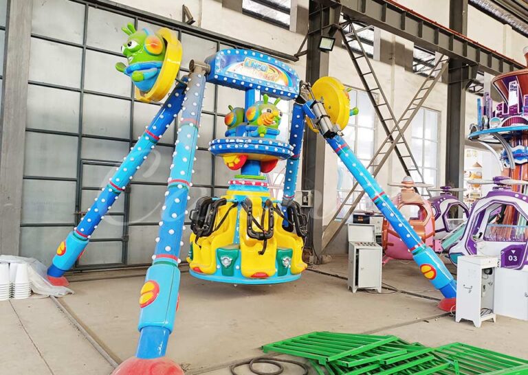 UFO Orbit Mini Pendulum Ride for kids, compact and colorful design with LED lights and safety harnesses for children in funfair settings