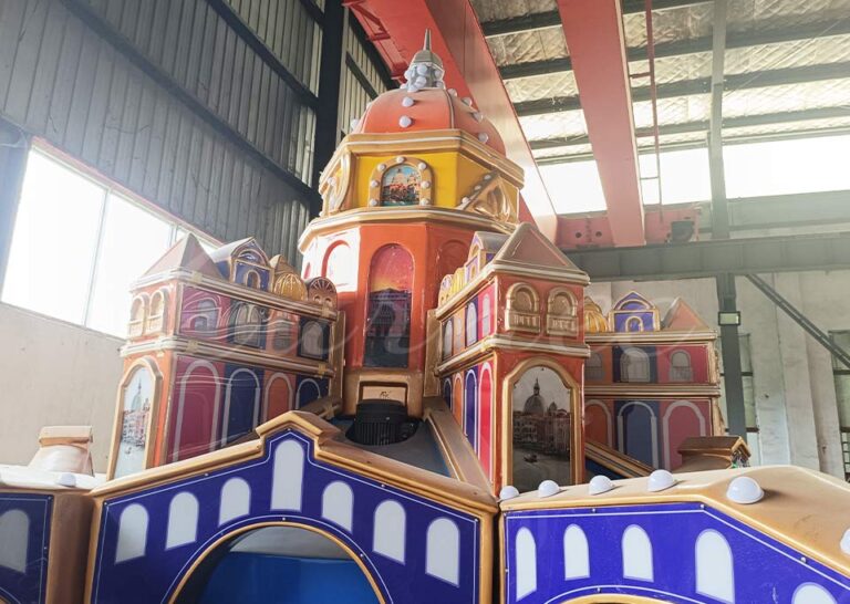 Amusement park Venetian boat ride with LED lights and decorative Venetian architecture, ideal for kids and family entertainment