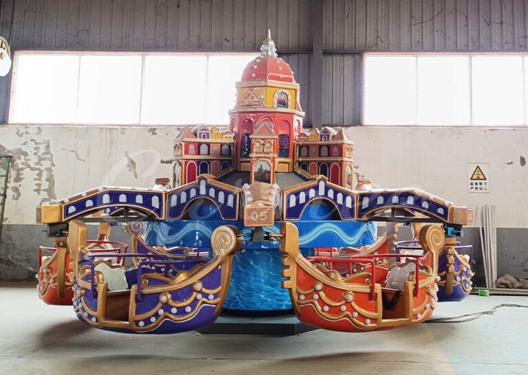 Venetian boat ride with vibrant colors and intricate bridge designs, perfect for children’s amusement parks and theme parks