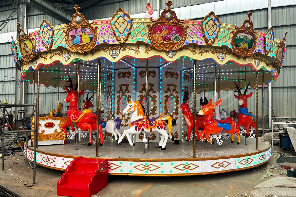 24-seat luxury carousel merry-go-round produced by CARNEE Rides, factory test before shipping to Ethiopia, animal themed horses and deer, bright LED lights