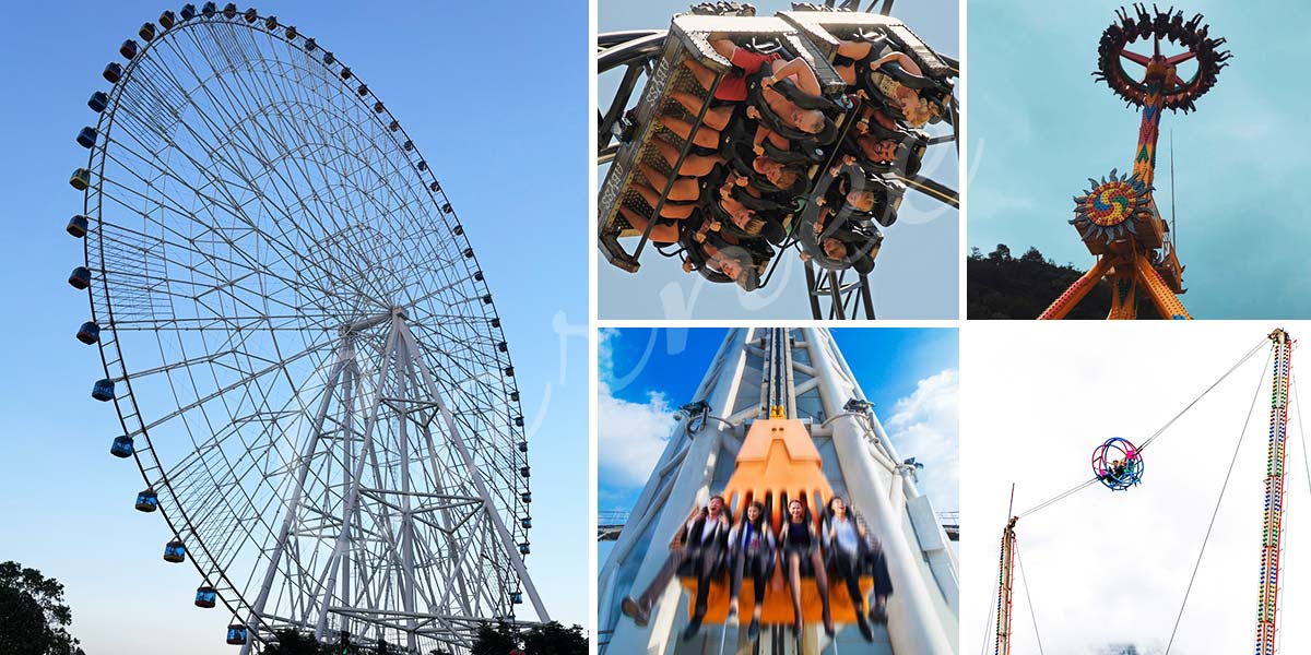 Collage of Extreme Amusement Park Rides – Roller coasters, Ferris wheels, and more.