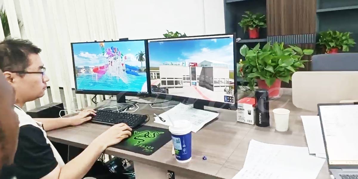 CARNEE Rides designer creating 3D amusement park masterplan for Guinea client project on dual monitors