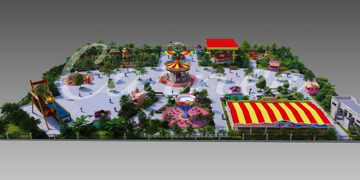 Front view of Guinea amusement park 3D masterplan, featuring carousel, flying chairs, bumper cars, and custom amusement rides