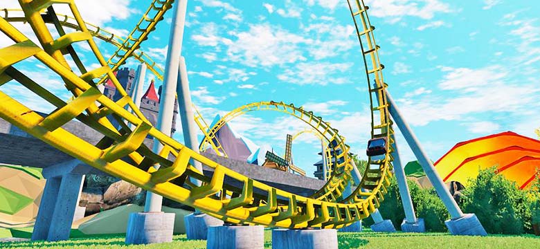 Steel single loop roller coaster with bright yellow track, featuring a dramatic curve in a vibrant amusement park setting.