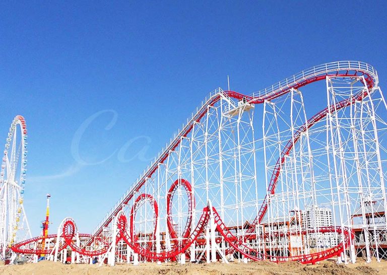 Red and white Six Loops Roller Coaster with multiple vertical and spiral loops, ideal for amusement parks.