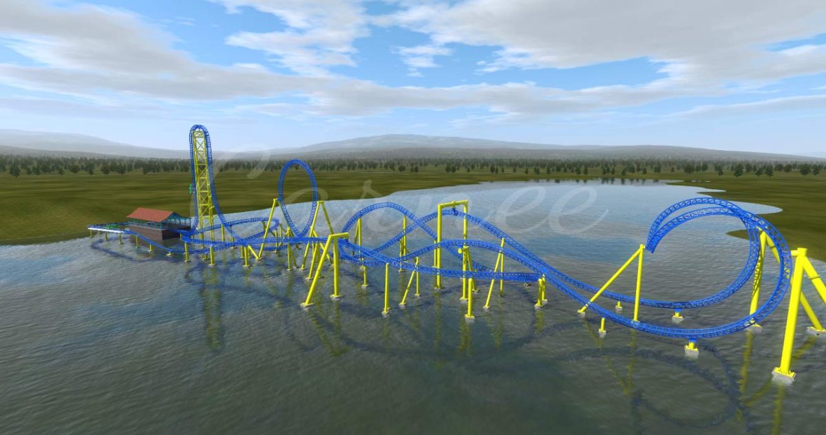 Vertical drop roller coaster thrill ride built over a lake with vibrant track design