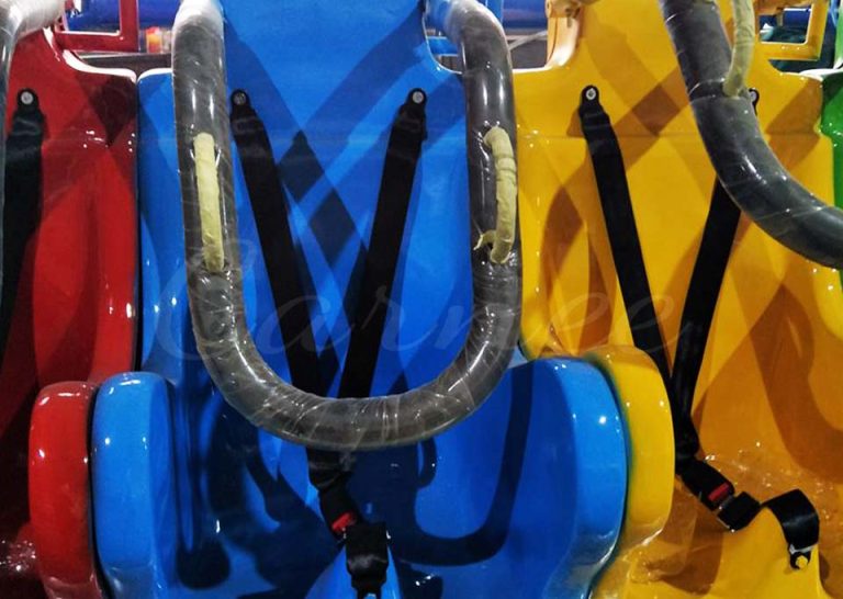 Colorful Miami Ride seat detail with shoulder restraint and safety belt, providing comfort and safety for family and large amusement parks.
