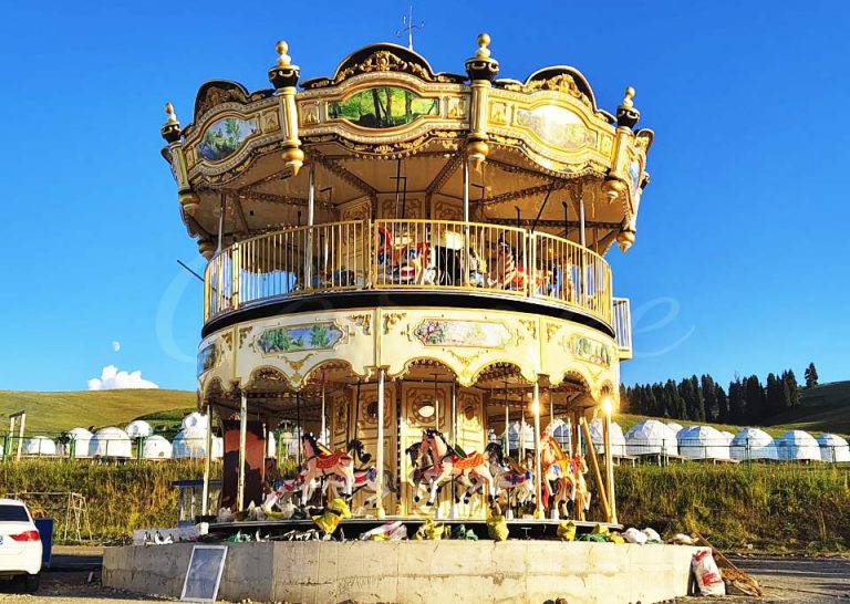 38 seat double decker carousel installation in amusement park, luxury two story carousel for outdoor entertainment