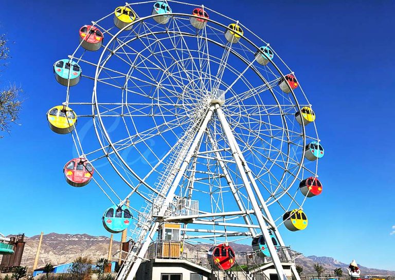 Close-up view of the gondolas on a 49-meter Ferris wheel, highlighting their spacious design and panoramic windows.
