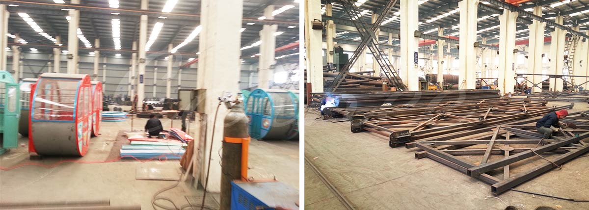 Manufacturing process of 66m Ferris wheel with assembly of cabins and truss structure.