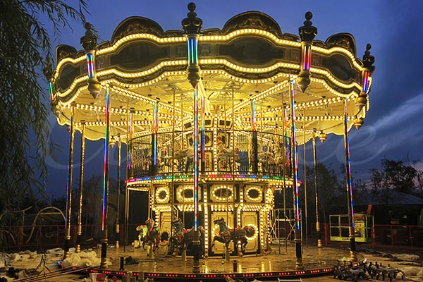 Luxury 38 seat double decker carousel ride at night with bright LED lights, perfect for amusement parks and carnivals
