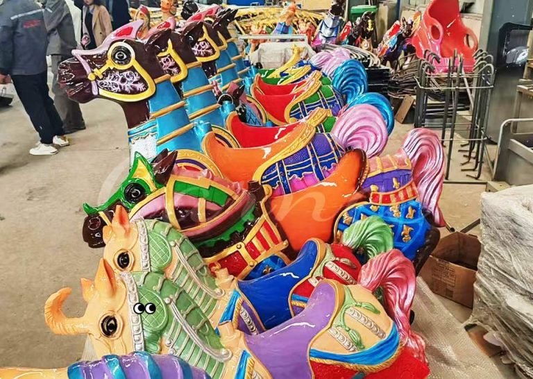 Colorful carousel horses for 38 seat double decker carousel, FRP fiberglass horses for amusement rides