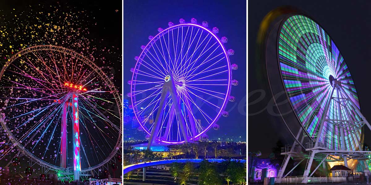 Three giant Ferris wheels at night with stunning LED light shows in different colors, creating a dazzling skyline view
