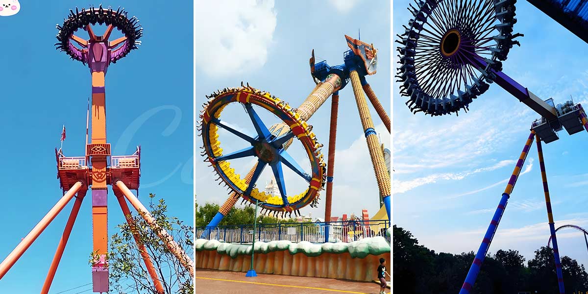 Giant Frisbee pendulum rides in amusement parks from different angles