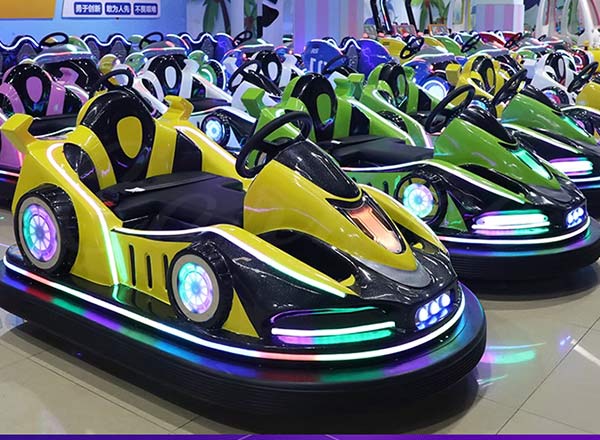 Luxury LED bumper cars in black and yellow with glowing lights, ideal for modern indoor amusement centers.