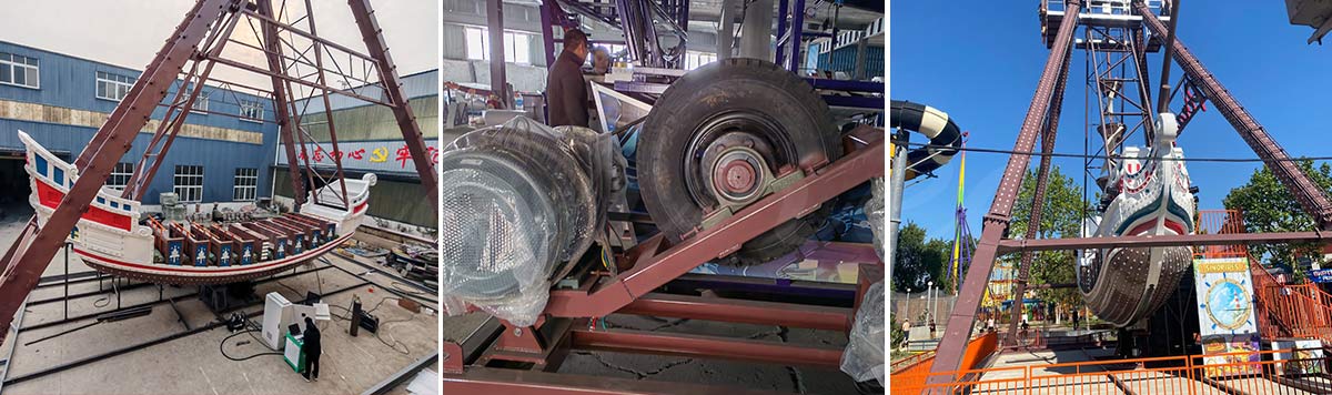 Pirate ship amusement ride under construction and maintenance inside factory workshop